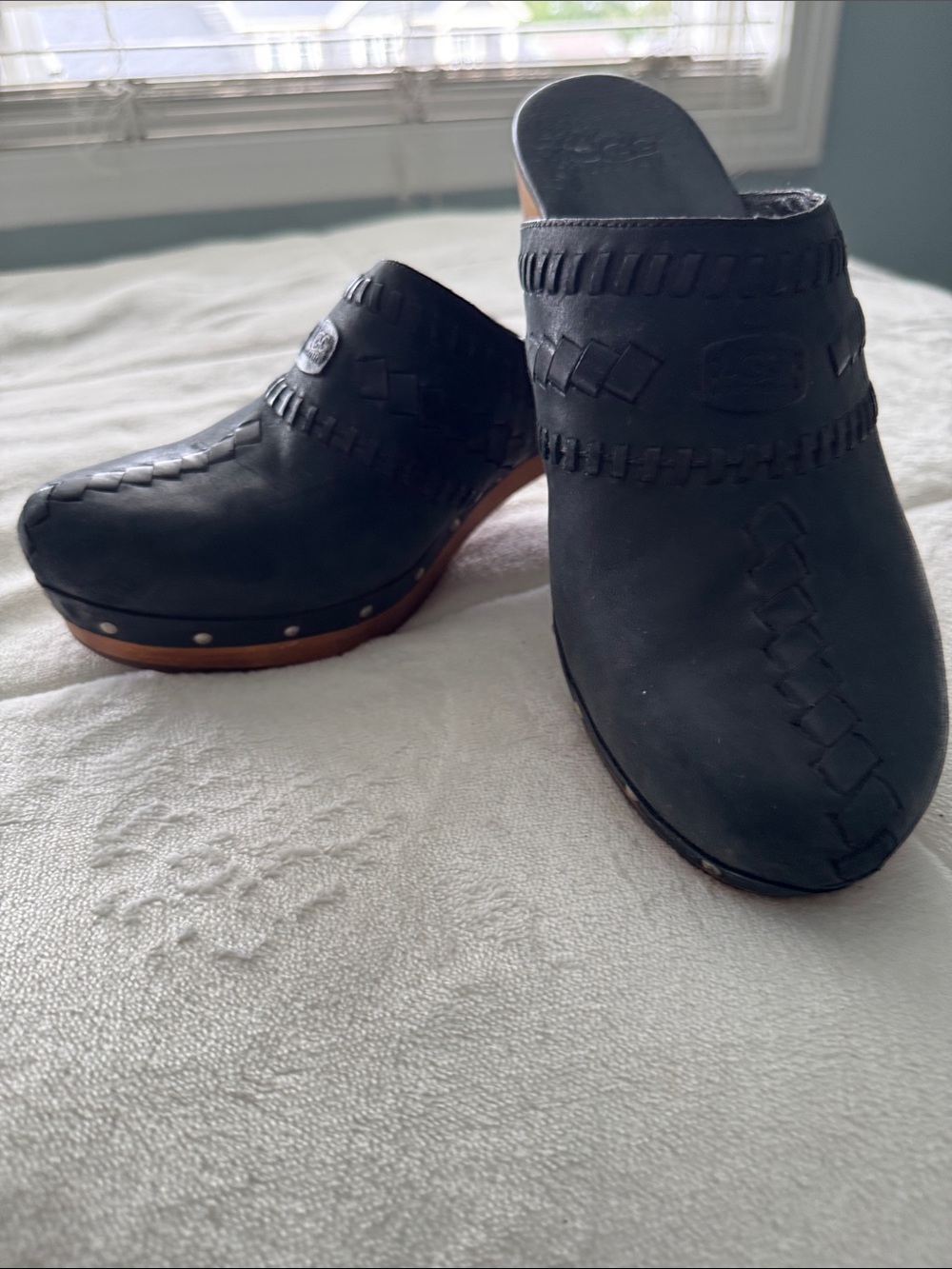 UGG Black Woven Leather Clog Mules